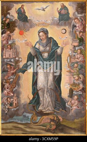 RAVELLO, ITALIEN - 7. OKTOBER 2025: Gemälde der Unbefleckten Empfängnis in der Kirche Chiesa di San Francesco von unbekanntem Künstler. Stockfoto