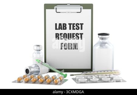 Antragsformular für Labortests mit medizinischem Zubehör. 3D-Rendering isoliert auf weißem Hintergrund Stockfoto
