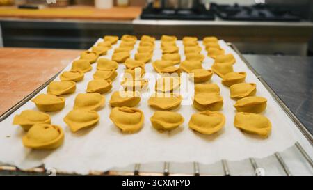 Frisch zubereitete italienische Tortellini-Pasta zum Kochen oder Einfrieren auf einem mit Pergamentpapier ausgelegten Tablett in der Küche Stockfoto