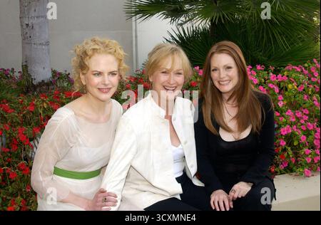 Meryl Streep, Nicole Kidman und Julianne Moore auf einer Pressekonferenz für ihren neuen Film die Stunden. 10. Oktober 2002 Stockfoto