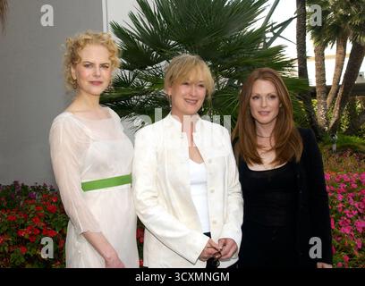 Meryl Streep, Nicole Kidman und Julianne Moore auf einer Pressekonferenz für ihren neuen Film die Stunden. 10. Oktober 2002 Stockfoto