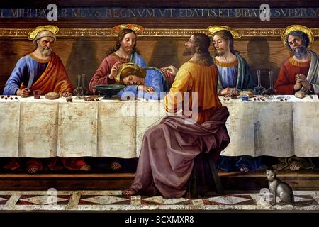 Das letzte Abendmahl 1480 ist ein Fresko, das das letzte Abendmahl Jesu des italienischen Renaissance-Künstlers Domenico Ghirlandaio 1448–1494 im Kloster der Ognissanti (chiesa di San Salvatore di Ognissanti – chiesa di Ognissanti) in Florenz, Toskana, Italien darstellt. ( Letztes Abendmahl, Apostel, Apostel, das Letzte Abendmahl, Jesus mit seinen Aposteln geteilt, Jerusalem, vorher ) Stockfoto