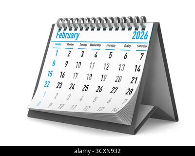 2026 Jahre. Kalender für Februar. Isolierte 3D-Darstellung Stockfoto