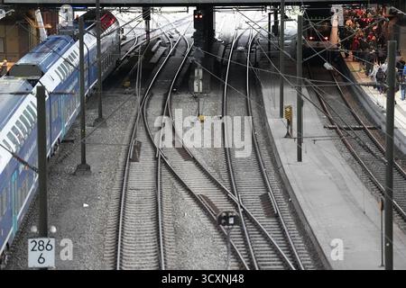Hamburg, Deutschland. Oktober 2025. Leere Gleise sind am Hamburger Hauptbahnhof zu sehen. Der Bahnverkehr am Hamburger Hauptbahnhof ist seit heute Nachmittag aufgrund von Kabelschäden stark gestört. Dies wurde von der Deutschen Bahn angekündigt. Quelle: Marcus Brandt/dpa/Alamy Live News Stockfoto