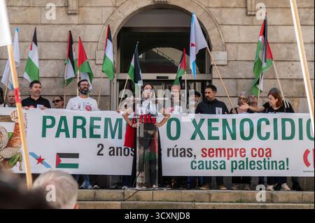 Vigo, Spanien. Oktober 2025. Eine Kundgebung zur Verteidigung der Menschenrechte in Palästina, ausgelöst durch den Völkermord der israelischen Regierung, organisiert von Gewerkschaften im ganzen Land, die zu einem Generalstreik zur Teilnahme an den Protesten aufrufen. Quelle: Xan Gasalla/Alamy Live News Stockfoto