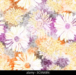 Farbenfrohe weiße und gelbe Sonnenblumen- und Leopardenmuster. Stockfoto