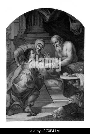 Illustration von Isaak Segen Jakob - Rebekah und Jakobs Täuschung von Isaak (Genesis) aus dem 19. Jahrhundert die selbstinterpretierende Familienbibel William M. Stockfoto