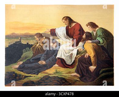 Illustration von Jesus Christus auf dem Ölberg mit Blick auf den Tempel des Herodes, der die Zerstörung Jerusalems voraussagt und es den Jüngern P erzählt Stockfoto