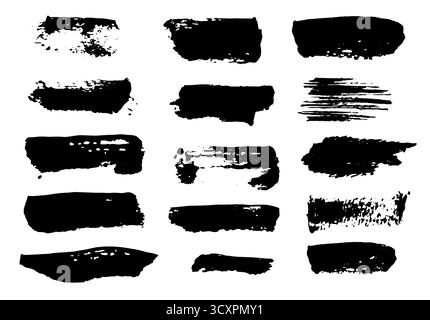 Satz dicker quadratischer isolierter schwarzer, strukturierter Pinselstriche. Schmutzige handgezeichnete Tintenlinien und Klumpen für grafisches Design und Dekoration Stock Vektor