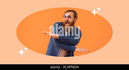Fröhlicher Mann, der Sonnenbrille trägt, genießt Spaß in einer ungezwungenen Umgebung Stockfoto