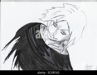 Porträt eines hellhaarigen Mannes im Manga-Stil, aus einem niedrigen Winkel gezeichnet, Schwarzweiß-Markierkunst, die Stärke und Entschlossenheit zum Ausdruck bringt. Er ist gleichbedeutend. Stockfoto