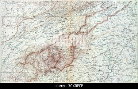 SEATTLE - 11. OCT 2025 - Vintage-Karte mit der Topographie der amerikanischen Bürgerkriegszeit und den bundesstaaten Kentucky, Tennessee, North Carolina, South Carol Stockfoto