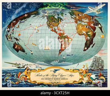 Ein prächtiges Reiseposter aus dem Jahr 1941, das die Routenkarte der Pan am Airways zeigt Stockfoto