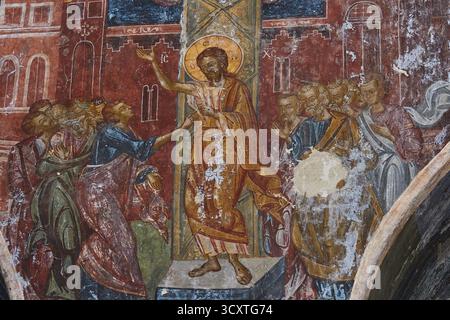 Pantanassa Kloster aus dem 15. Jahrhundert n. Chr., Jesus und Apostel in der Auferstehungsszene einer Fresko-Ikone, Mystras, Mistra, UNESCO-Weltkulturerbe S. Stockfoto
