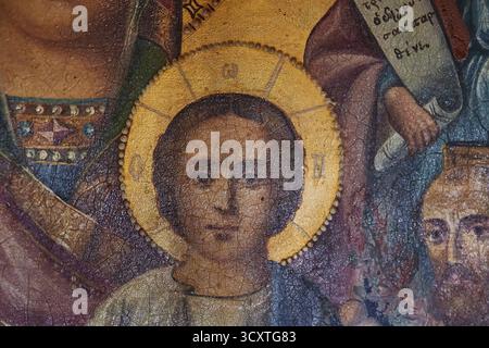 Kloster Pantanassa aus dem 15. Jahrhundert n. Chr., Nahaufnahme einer Ikone mit dem Gesicht des Jesuskindes, Mystras, Mistra, UNESCO-Weltkulturerbe, Med Stockfoto