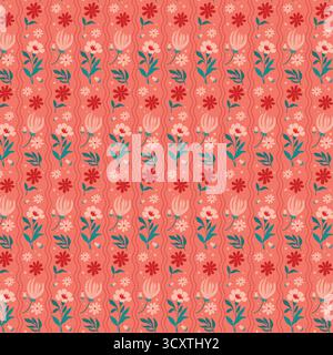 Das nahtlose Muster zeigt stilisierte Blumen und sternähnliche Formen in Korallen, weiß und Petrol. Das fröhliche Design eignet sich für Textilien, Tapeten, Stockfoto