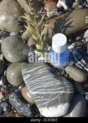 Blaue Schönheitsflasche aus Plastik vor dem Hintergrund natürlicher Elemente. Kosmetik und Gesichts- und Haarpflege. Modellvorlage für die Konstruktion. Umweltfreundlich Stockfoto