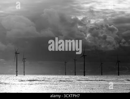 Offshore-Windturbinen in stimmungsvollem Licht über dem Meer in Schwarz-weiß Stockfoto