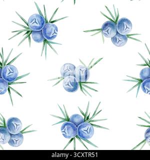 Blaue wacholderbeeren mit grünen Nadelblättern bilden in diesem handgezeichneten Clipart ein verstreutes nahtloses Muster. Ideal für Stoffdrucke, Geschenkverpackungen, Verpackungen, Karten und Digitalpapier. Stockfoto