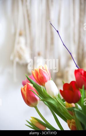 Farbenfrohe Tulpen in Vase im weichen Boho-Stil. Ruhiges florales Stillleben mit zartem Licht, gemütlicher Atmosphäre und natürlicher ästhetischer Stimmungsszene Stockfoto