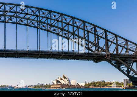 Legendäres architektonisches Meisterwerk Sydney Opera House mit seinem einzigartigen segelähnlichen Design an einem sonnigen Nachmittag, umrahmt von der Harbour Bridge, Sydney, Stockfoto