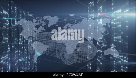 Anzeigen des 3D-Drahtmodells im Datenraster, mit Datenspalten, die die Überlagerung der Weltkarte anzeigen Stockfoto