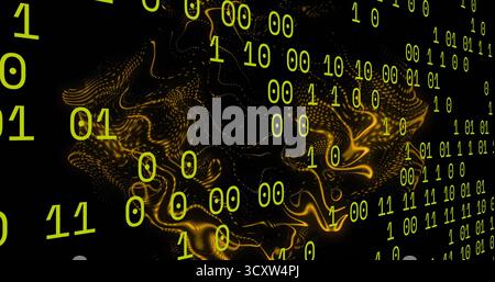 Schwebende, kalkgrüne Binärziffern über goldenen Teilchenwellen in virtuell leeren, gepunkteten Flüssigkeitskonturen Stockfoto