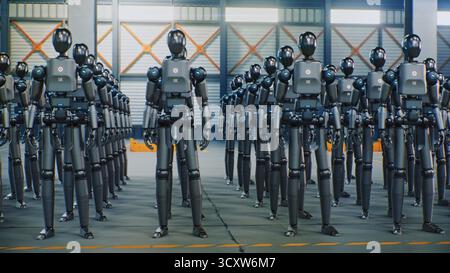 Eine Gruppe von identischen humanoiden Robotern steht in perfekter Form im Industrial Warehouse. Konzept Künstliche Intelligenz, Robotik Evolution, Automatisierung, Aufstieg der futuristischen Technologie. Dolly Shot. Stockfoto