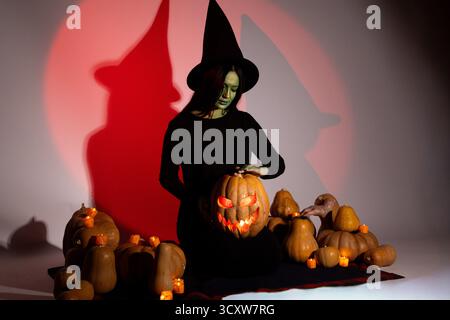 Eine Person, die als Hexe gekleidet ist, mit Kürbissen, bei Vollmond Stockfoto