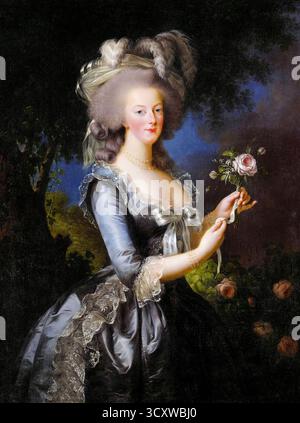 „Marie Antoinette à la Rose“ (Marie Antoinette mit einer Rose) 1783 Gemälde der französischen Künstlerin Elisabeth-Louise Vigée Le Brun (1755-1842), die Königin Marie Antoinette in einem blau-grauen Seidenkleid mit Spitze und Band mit einer rosa Rose zeigt. Stockfoto