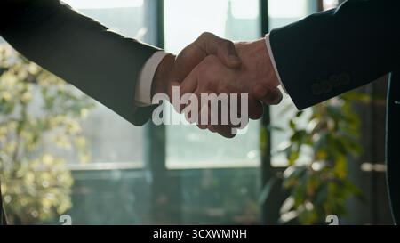 Nahaufnahme männliche Hände schütteln im Büro in sonnigen Lichtern zwei Geschäftsmänner Geschäftsleute Geschäftsteam Handschütteln Vereinbarung Geschäftsgruß in Sonne vielfältig Stockfoto