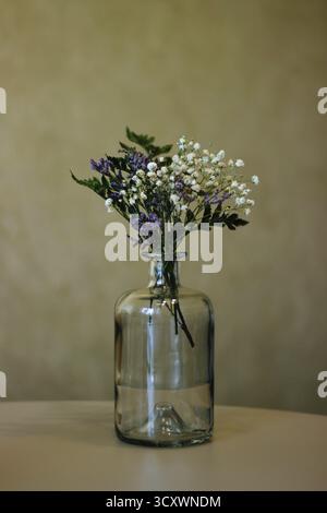 Kleiner Strauß getrockneter Blumen in einer Glasflasche, auf neutralem Hintergrund stehend. Hochwertige Fotos Stockfoto