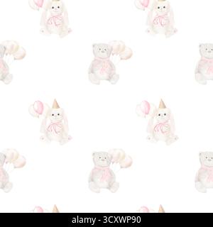 Teddybär und Hase, mit Ballons, nahtlosem Muster. Aquarellabbildung. Lustige Spielzeugtiere mit Bögen, Kinderspielzeug isoliert auf einem weißen Rücken Stockfoto