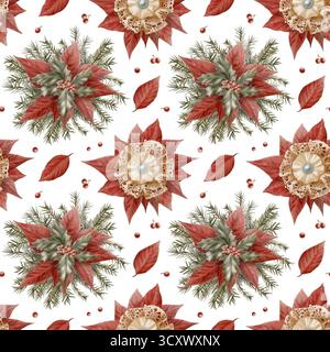 Vintage Weihnachten nahtlose Muster von roten Weihnachtsstern Blumen, stechpalme Blätter mit Beeren, Fichtenzweige Spitze Schleifenbrosche mit Seideneinsatz in Beige mit Stockfoto