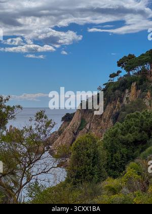 Mittelmeer, felsige Küste, klares türkisfarbenes Wasser, Landschaft mit Bäumen, Häuser am Ufer Stockfoto