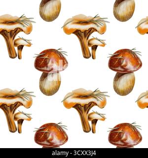 Nahtloses Herbstmuster mit Pfifferlingen, braunem Birkenboletus, rotem Kappenboletuspilz mit Kiefernnadeln, die als Symbole der herbstlichen Gelassenheit dienen Stockfoto