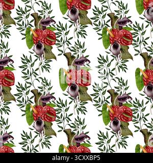 Nahtloses Aquarellmuster mit roten Anthurien, dunklen Calla-Lilien und grünen Blättern auf weißem Hintergrund. Perfekt für Stoffdesign, Verpackung, Hochzeitspapier und botanische Dekorationsprojekte. Stockfoto