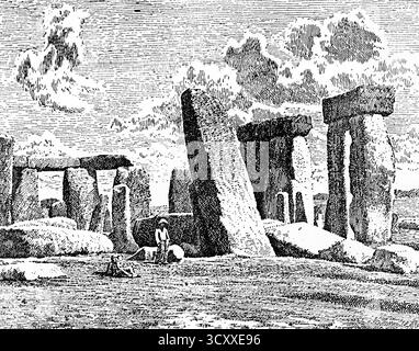 Stonehenge, Salisbury Plain, 1850. Stonehenge ist ein prähistorisches megalithisches Bauwerk auf der Salisbury Plain in Wiltshire, England. Stockfoto