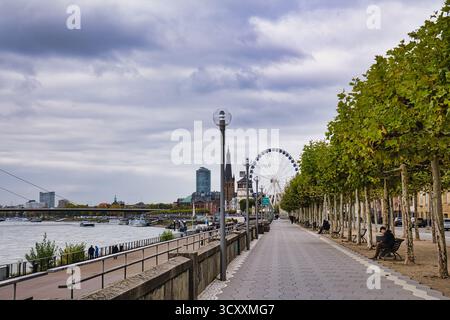 Von Bäumen gesäumter Rheinpromenadenweg mit entferntem Riesenrad und historischem Kirchturm unter bewölktem Himmel in Düsseldorf Deutschland Stockfoto