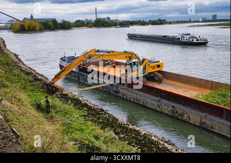 Gelber Bagger auf Baukahn, der das Rheinufer mit vorbeifahrendem Frachtschiff im Herbst Düsseldorf ausbaggert Stockfoto