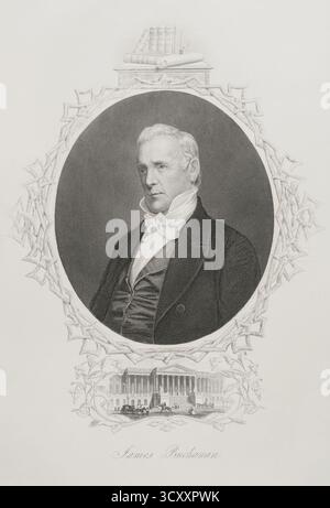 James Buchanan (1791-1868). Amerikanischer Diplomat und Politiker. 15. Präsident der Vereinigten Staaten von Amerika (1857-1861). Hochformat. Kupferstich aus Ambrotypie von Mathew Brady (1822-1896). Geschichte der Vereinigten Staaten von Amerika, von J. A. Spencer. Band III. Ausgabe in Barcelona, 1873. Stockfoto