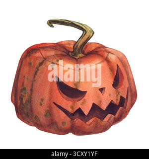 Orangefarbener Kürbis mit einem bösen Gesicht für Halloween. Gruseliger Vogelscheuchenkopf, Herbstgemüse. Isolierte Vintage Aquarellillustration auf einer weißen Ba Stockfoto
