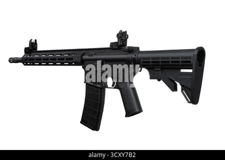 Schwarzes modernes Sportgewehr (Karabiner im AR-15-Stil) im Kaliber .22LR mit zusammenklappbarem Schaft und M-LOK Handschutz, isoliert auf weißem Hintergrund. Stockfoto