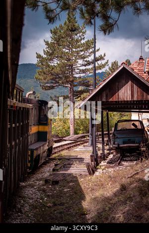 Die Sargan Eight in Serbien. Eine Schmalspurbahn, die aus dem Dorf Mokra Gora führt. Ein hölzerner Unterstand, unter dem ein altes, verlassenes Auto steht. Stockfoto