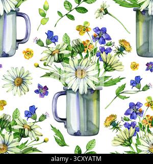 Nahtloses Blumenmuster der Aquarellwildblumen Kamille und Feldgräser auf grünem Hintergrund. Handgezeichnete Skizze Wiese gelbe Blumen und wild Stockfoto