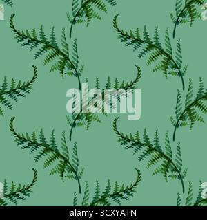 Farnblatt nahtlose Muster Aquarellhintergrundillustration, nahtloses Muster mit grünen Blättern des Farns, Aquarellhintergrund, handgemalt, Wald Stockfoto