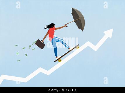 Frau mit Geldkoffer und Regenschirm, die Skateboard auf dem aufsteigenden Chart-Pfeil reitet Stockfoto