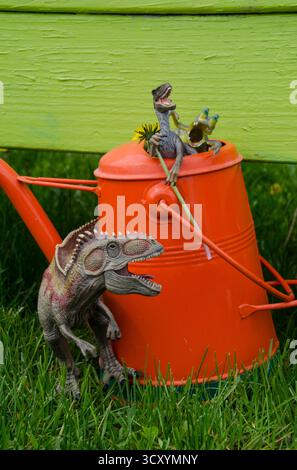 Spielzeug-Dinosaurier spielen schelmisch im Gemeindegarten und klettern auf einer orangen Gießkanne, Yarmouth Maine, USA Stockfoto