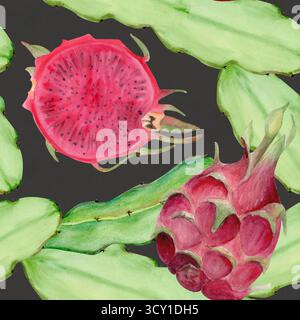 Drachenfrucht, Kaktusstiele nahtloses Aquarellmuster auf dunkelgrauem Hintergrund. Tropische ClipArt perfekt für Stoff, Verpackung und Sommerdesign Stockfoto