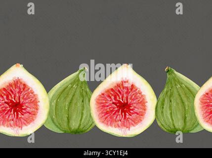Feigen Aquarell nahtlose Grenze, ganze Früchte, Scheiben isoliert auf Grau. Handgemalte Illustration für Lebensmitteldesign, Bio-Markt, Verpackung, Rezept Stockfoto